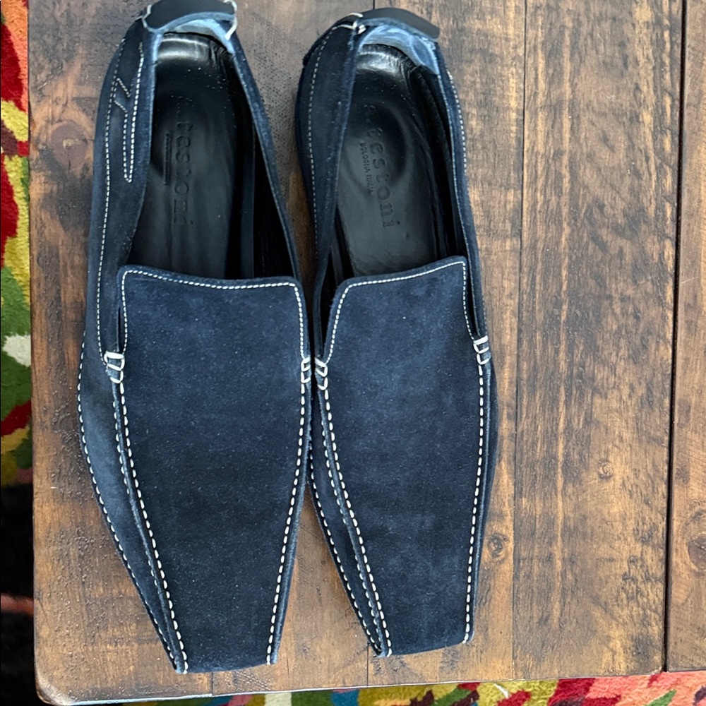 a. testoni Navy Blue Suede Slip-On Loafers